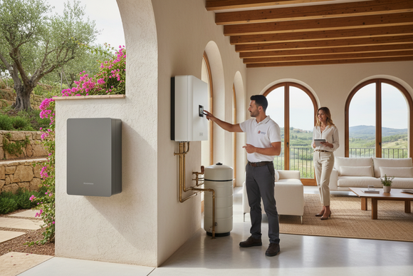 Tecnico spiega il funzionamento della pompa di calore a un cliente in un interno moderno