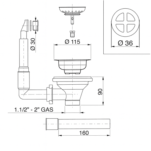 Diagramma tecnico troppo pieno tondo Basket 1745 misure ø30mm compatibilità universale